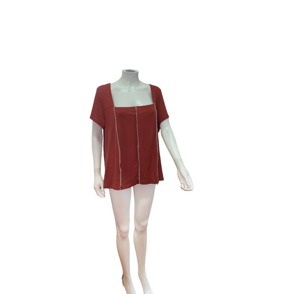 Vibe Sportswear Red Rust Ribbed Striped Square Neck Short Sleeve Top 3X NWT - Picture 3 of 4